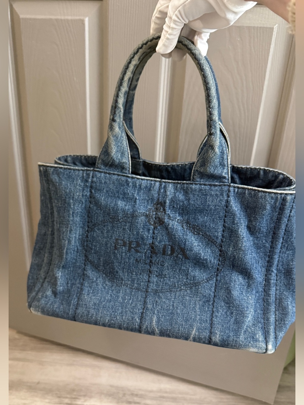 Prada Canapa Large Denim Tote Blue Canvas Shoulder Bag Italy / COA
